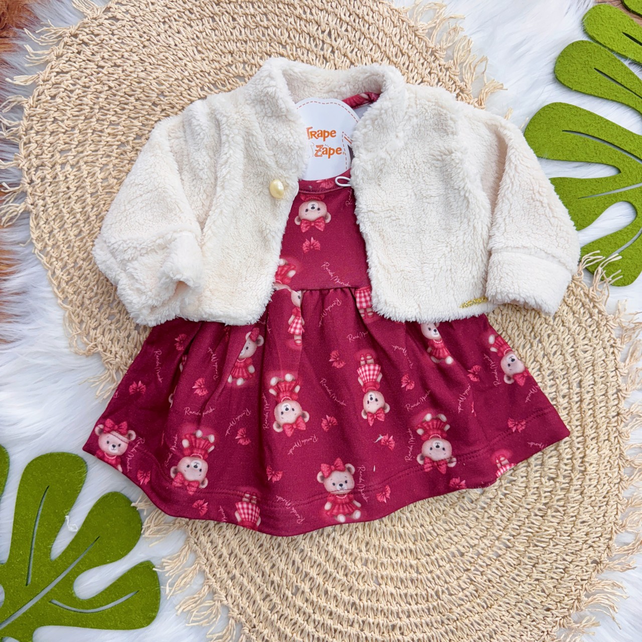 Conj. Bolerinho de Pelinho e Vestido Ursinhas - Off White e Bordo